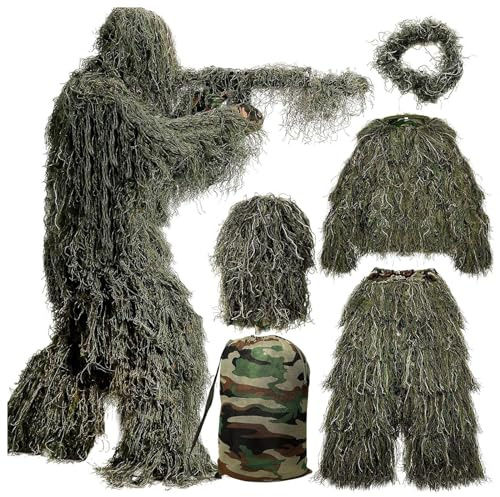 HAZARA 5 in 1 Ghillie Suit for Men Ropa De Caza De Camuflaje 3D Disfraz De Arbusto Incluyendo Chaqueta,Pantalones,Capucha,Bolsa De Transporte para Fotografía De Caza Al Aire Libre,Forestgreen-Kids