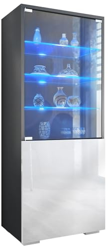 Vitrine Granada, Made in Germany, Vitrinenschrank mit Glastür und Glaseinsatz inkl. LED, Anthrazit matt/Weiß Hochglanz (50 x 122,5 x 34,5 cm)