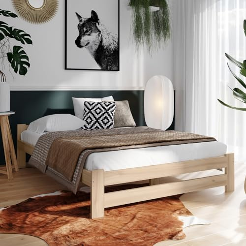Home Collective Holzbett 140x200 cm mit Lattenrost Modern Bett Kiefer Massiv Bettgestell Doppelbett Massivholzbett Klassisch Komfortabel & Langlebig Skandinavisch Boho Landhaus Kopfteil flach Natur