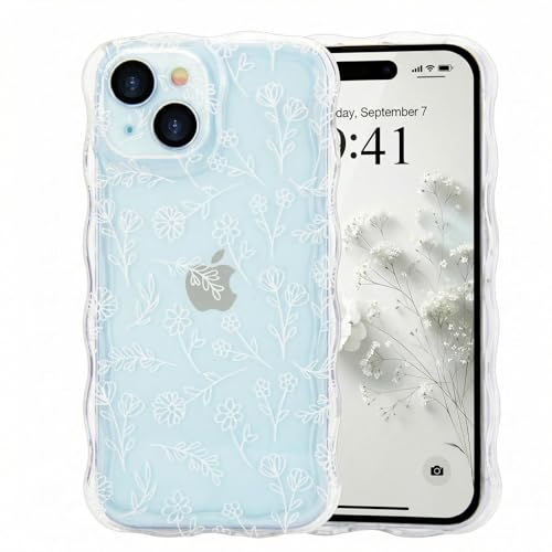 Micoden Cute Curly Wave Case for iPhone 15,Clear with Anti-Yellowing Flower Floral,Soft TPU Slim Bumper Shockproof Anti-Scratch Protective Wavy Cover for Girls Women-White