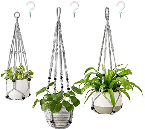 Mkouo 3 Pack Makrame Pflanzenbügel hängende Pflanzenbügel für Innenpflanzen | Grau, 3 Größen 89 cm / 74 cm / 58 cm, hängender Pflanzenhalter Korb mit Perlen, Töpfe nicht im Lieferumfang enthalten
