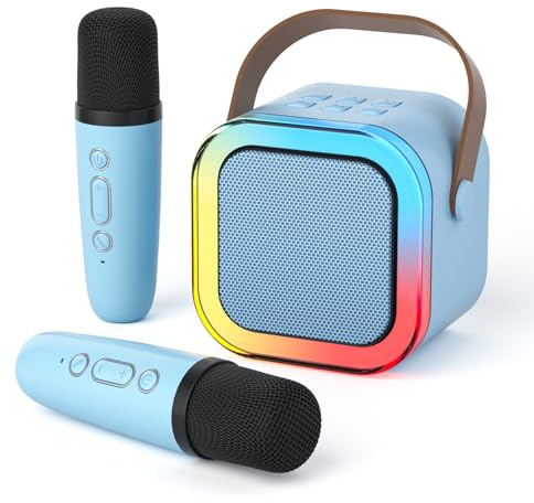 DRSYXCS Karaoke Machine for Kids Adults, Mini Bluetooth Speaker with 2 Wireless Microphones, Portable Singing Mic Toys Kit with Party LED Light and Voice Changer for 3-12 Years Old Boys Girls(Blue)