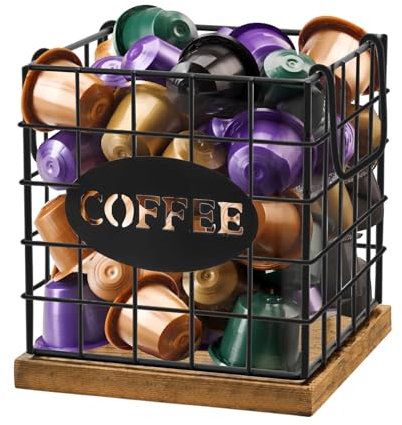 MEETOZ Coffee Pod Holder Organizer, Large Capacity K Cup Holder Organizer, Storage Basket for Kitchen Countertop Office Coffee Bar with Wooden Base