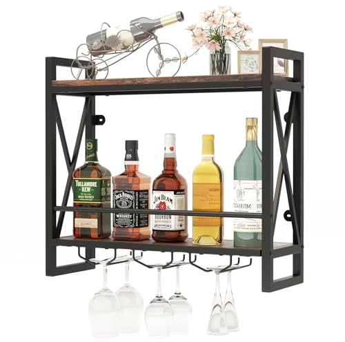 COSTWAY 2 nivåer vinställ vägg, flaskhylla trä med metallram, med 3 rader vinglashållare, industriell design, perfekt för hem, bar, kök, restaurang, 60 x 20 x 55 cm
