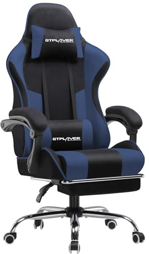 GTPLAYER Ergonomisk spelstol, spelstol, kontorsstol, spelstol, 135° justerbart ryggstöd, justerbar höjd, infällbara fotstöd, tyg, stöder 150 kg, blå