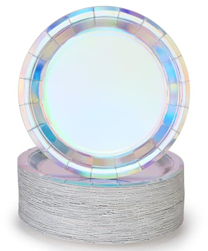Schillernde Pappteller 23cm [50 Stück] runde Einweg-Pappteller für Kuchen, Salat, Pizza, holografische Regenbogen Silber Dekorationen Partyzubehör für Veranstaltungen Hochzeiten Jahrestage Weihnachten