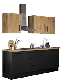 TURIN ZB Küchenzeile ohne Küchengeräte Küche in Schwarz Artisan Eiche Optik | 220 x 211 x 60 cm (B/H/T), Küche ohne Elektrogeräte, Einbauküche ohne Geräte, geräumig, mit viel Stauraum, modernes Design
