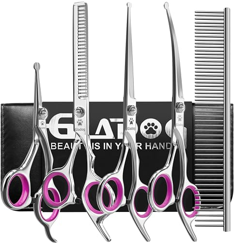 GLADOG Kit de Tijeras de Peluquería Canina 6 en 1 para Perros y Gatos, con Dos Tijeras Rectas, Curva y Entresacar, Set Profesional Casa, Punta Redonda, Acero Inoxidable 4CR con Titanio, Rosa