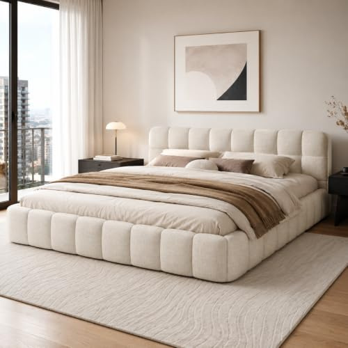 BRILVERDE Letto basso imbottito 140x190, Letto tatami con testiera, struttura letto con rete a doghe, letto per ragazzi, in lino, senza materasso (Beige, 140 x 190 cm)