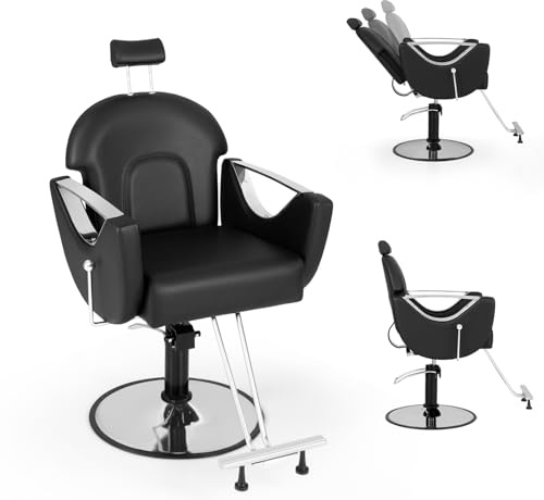 GOPLUS Silla de Peluquería, Silla Giratoria 360° con Respaldo para Peluquero, Altura y Reposacabezas Ajustables, Silla Reclinable con Bomba Hidráulica, Equipo de Barbero Tatuaje Belleza SPA (Negro)