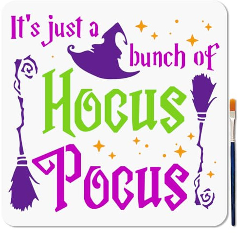 MAYJOYDIY It's Just A Bunch Of Hocus Pocus Schablonen Wiederverwendbare Hexen Halloween Schablone Zum Malen 30×30cm Besen Zeichenvorlagen Mit Pinsel Für Wand Holz Und Papierdekoration