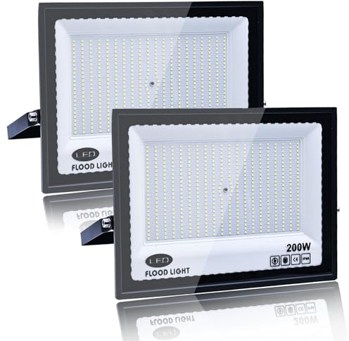2 Piezas Focos LED Exterior 200W, Tkdaksy 2M Cable Blanco Frío 6500K Proyector LED Exterior, Resistente al Agua IP66 Foco Proyector LED, 20000LM para Terrazas, Patios, Balcones, Parques, Garajes, Fábr