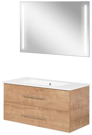 FACKELMANN B.Perfekt 3-teiliges Möbelset – Modernes Badmöbel-Set mit Keramikbecken, LED-Spiegel und Waschtischunterschrank in AST Eiche Optik – Made in Germany