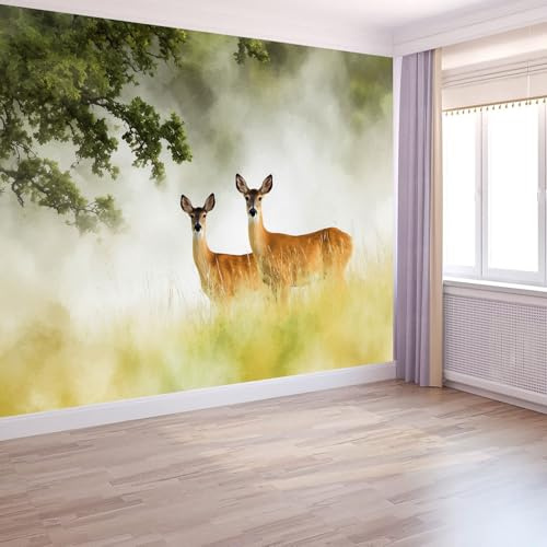 WTD - Carta da parati fotografica effetto 3D, motivo panoramico, 250 x 175 cm, acquerello, foresta di nebbia, cervo, in materiale seta, colore: verde chiaro, grande poster da parete per soggiorno