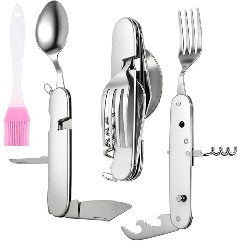VOSSOT Couverts de Camping Pliants 6 en 1 Acier Inoxydable, Kit Multifonction Pliable avec Couteau, Fourchette, Cuillère, Ouvre-Bouteille et Pinceau BBQ Couvert Randonnée, Pique-nique, Survie, Voyage