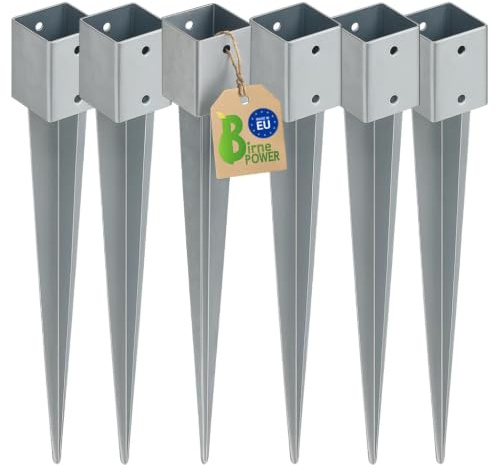 BirnePower Pfostenträger 6er Set 46x46 mm Einschlagbodenhülsen Pfostenanker Square Erdanker Erdspieß Bodenanker Einschlaghülse aus Stahl zum Einschlagen für Holzpfosten Feuerverzinkt Länge 550 mm