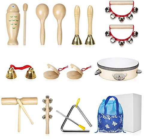 Instruments de Musique en Bois pour Bébés Enfants, Jouets de Percussion pour 1 2 3 Anas Garçons et Fille, Cadeau de Noël pour Un Anniversaire (16 PCS)