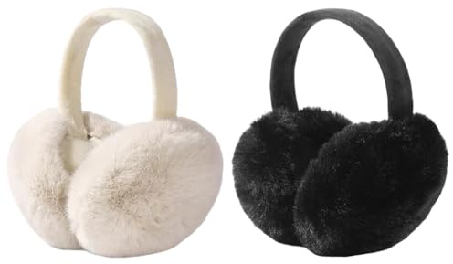 Abiyou Cache-Oreilles d'Hiver, 2 Pièces Cache Oreilles Femme, Chauffe-Oreilles Hiver Chaud, Anti Froid Cache-Orèilles en Peluche Chaud, Cachè Oreille Femme,Couvre Orèilles,pour Femme Homme(Noir+Blanc)