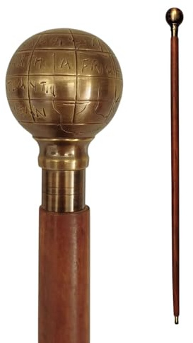 Weltkugel Spazierstock aus Holz mit goldenem Griff aus Messing