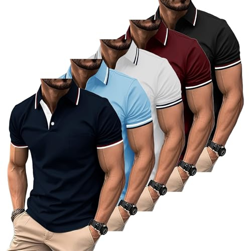 ZITY Polo para Hombre Paquete de 5 Polo Manga Corta Camiseta Golf Trabajo Transpirable Camiseta Informal con Bolsillo Verano 5 Pack T Shirt para Vacaciones