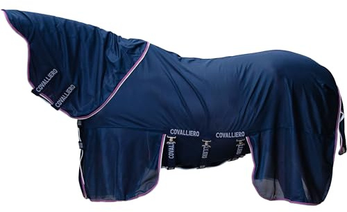 Covalliero - Fliegendecke mit Halsteil FS26 – Pferdedecke mit abnehmbaren Kreuzgurten & Schweiflatz – atmungsaktive Weide-, Transport- & Stalldecke – Decke in Dunkelblau – Gr. 135cm