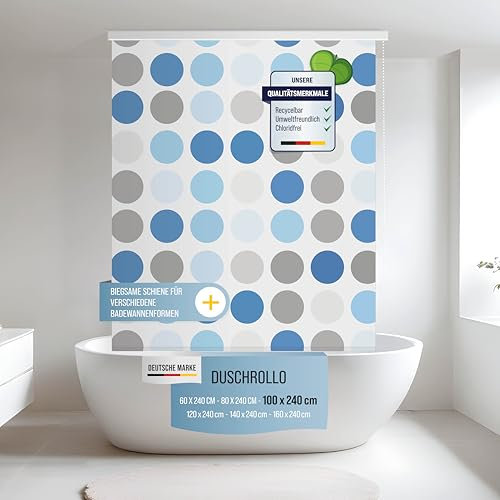 Rapid Teck Halb-Kassetten Duschrollo 100 cm x 240 cm in verschiedenen Designs - Duschvorhang mit Seilzug – moderner Badewannenvorhang – platzsparendes Duschvorhang Rollo