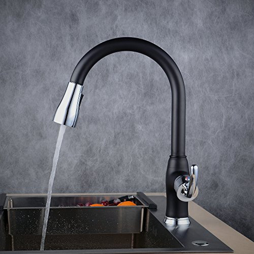 Beelee BL7085BDY - Rubinetto da cucina a bassa pressione, girevole a 360°, con doppio soffione e scarico ad arco alto, colore: Nero