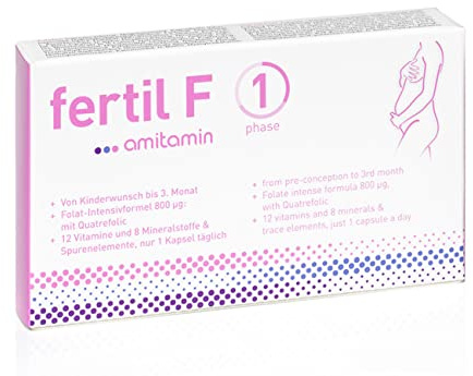 amitamin© fertil F1 | Kinderwunsch | Schwangerschaft | 30 Komplex Kapseln | Hochdosierte 800 ug Folsäure Quatrofolic© + 19 Nährstoffe u.a. Kalzium, Eisen, Jod, Zink | für Ihr Baby | seit 2010