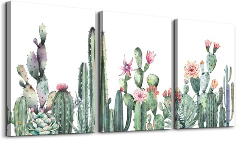 Canvas Wall Art For Living Room Bathroom Wall Decor For Bedroom Kitchen Artwork Canvas Prints Green Succulent Cactus Painting 16 X 24 3 Pieces Modern Framed Office Home Decorations Family Picture