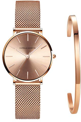 Kubagom Damen Uhren Analog Quarz Edelstahl Wasserdicht Mesh Ultradünne Set mit Armreif