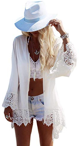PANAX Dam strand chiffong cardigan – sommarsemester poncho bikini cover up, Vit, one size