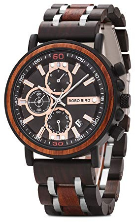 BOBO BIRD S18-1 Mens Wood Watch Stylish Wooden Stainless Steel Combined Chronograph with Luminous Pointers Fashion Timepiece for Men, Black, 44 mm, Chronograph