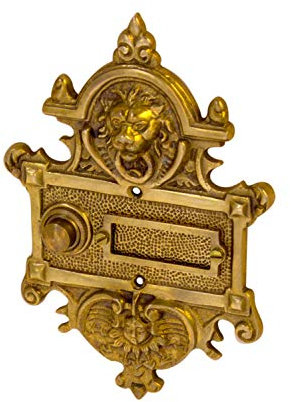 Sonnette de porte antique P9191 en laiton patiné avec plaque de sonnette et bouton de sonnette - Fabriquée à la main selon des modèles anciens