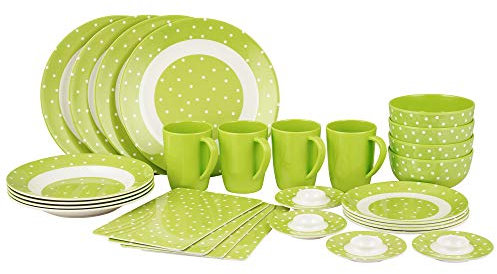 Melamin-Set Campinggeschirr Green Dot, 28-teilig, 100 Prozent Melamin, frei von BPA, Camping Geschirr Set, 4 Personen, Kunststoff,