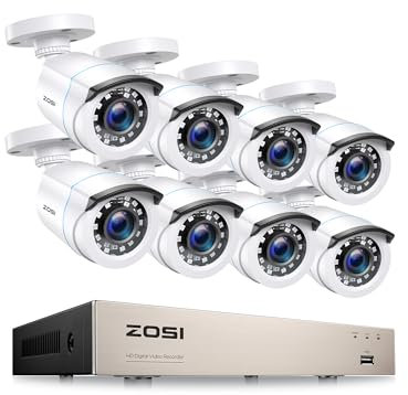 ZOSI 1080P Kit de Cámara de Vigilancia 8 Cámara de Seguridad Exterior con 8CH 2MP H.265+ Grabador DVR, Visión Nocturna, Alarma Remoto, Ver en Móvil, sin HDD