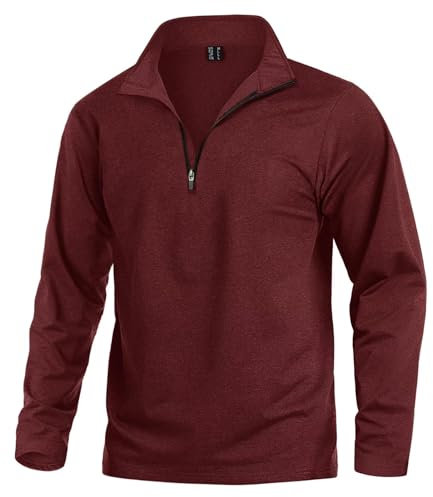 KEFITEVD Sport Pullover Herren mit 1/2 Zip Laufshirt Fleece Wander Jogging Oberteil Fahrrad Bekleidung Männer Outdoor Langarm Shirt Funktionsshirt Weinrot L