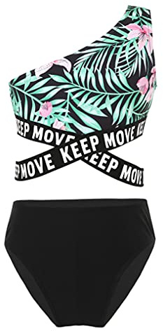 Doomiva Ado Fille Maillot de Bain Asymétrique 2 Pièces Corp Top Bikini Haut de Maillot Halter Culotte Bas de Bain Eté Ensemble de Sport Natation pour Enfants 3-16 Ans