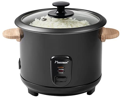 Bestron Cuiseur à riz avec poignées en bois, pour 8 à 10 personnes, avec tasse à mesurer et cuillère à riz, avec fonction chauffante, capacité de 1,8 l, 700 W, couleur : noir