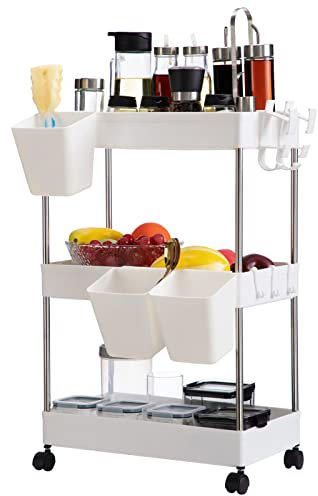 DOEWORKS Servierwagen mit Rollen Schmal Rollwagen 3 Ebenen Küchenwagen Aufbewahrungswagen mit 3 Hängebechern Mehrzweck Aufbewahrungsregal für Küche Badezimmer Schlafzimmer Büro, Weiß