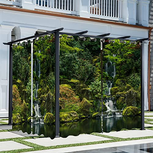 Syhi Qlty 3D Outdoor Vorhang Wetterfest, Verdunkelungsvorhang Outdoor Vorhänge Wasserdicht Sonnenschutz Sichtschutz Outdoor Gardinen mit Ösen, 2 Stück 132 x 213 cm, Grün Wald Wasserfall 7