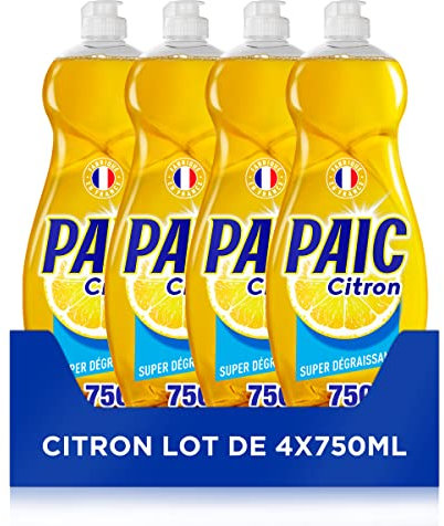 PAIC Liquide Vaisselle Super Dégraissant Citron, Nettoie Dégraisse, Elimine les Mauvaises Odeurs, Lot de 4X750ml