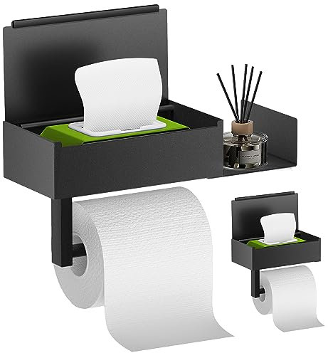 Toilettenpapierhalter Ohne Bohren, Okiuen Toilettenpapierhalter mit Feuchttücherbox Klopapierhalter Ohne Bohren mit Ablage, Edelstahl Anti-Fingerabdruck Klorollenhalter für Badezimmer Matt Schwarz