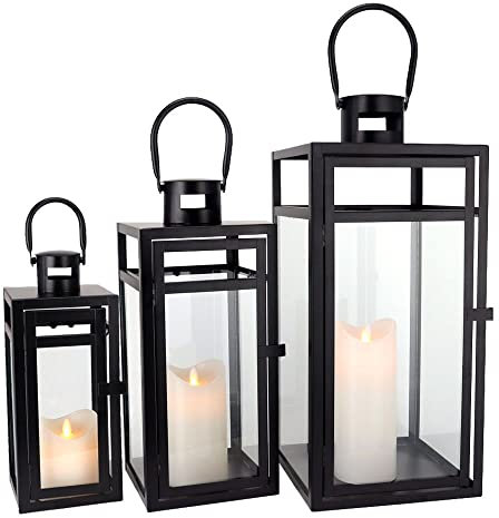 TRIROCKS Set Aus 3 Edelstahl Kerzenlaternen 48 cm Hoch Metall Kerzenhalter Mit Klaren Glasscheiben Für Home Decor Wohnzimmer Partys Veranstaltungen Tischplatte Drinnen Draußen (Schwarz)