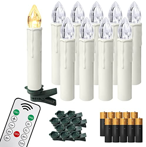AufuN 10x LED Weihnachtsbaumkerzen Kabellos Warmweiß mit Batterien, Fernbedienung, Timer Flackern Dimmbar, Christbaumkerzen als Dekoration für Weihnachten, Weihnachtsbaum, Party