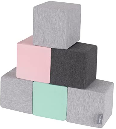 KiddyMoon Schaumstoff Würfel Für Baby Weiche Blöcke 6 Stücke Schaum Spielzeug Montessori-Spielzeug Mit Schaum Und Viel Spaß Für Kinder, Blöcke: Hellgrau-Dunkelgrau-Pink-Mint