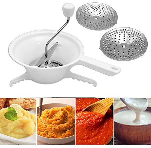 Mokernali Passiermühle Kunststoff, Passiergerät Kunststoff, Manuelle Tomatenpresse, 33,5 × 11,5 cm,mit 3 Scheiben für Fein,Mittel und Grob,für Marmeladen,Gemüsepürees,Obst,Kartoffeln,Knoblauch