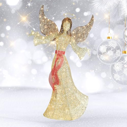 5FT Outdoor Angel Christmas Decoration - Light Up Outdoor Christmas Decorations Angels with 120 LED Lights - Elegant Winged Holiday Figure for Lawn with Bow, Halo, Extension Cord and Ground Stakes