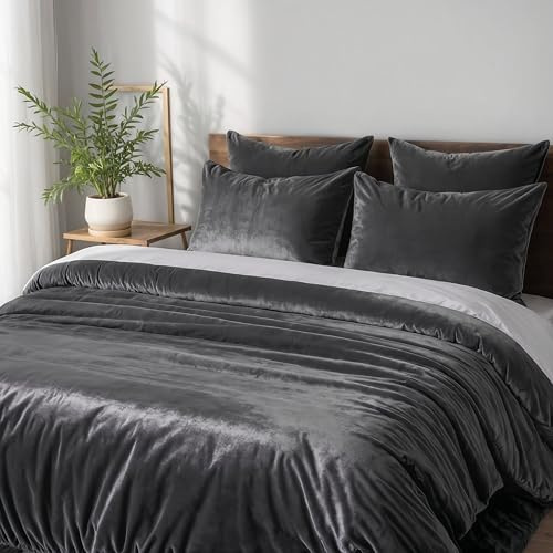 Cozyor Kuschel-Bettwäsche extra dick und weich Plüsch, robuster Reißverschluss 1x Deckenbezug 200x200 cm, 2X Kissenbezug 80x80 cm, 3-teilig, anthrazit Nebula