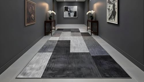 LIKE IT MORE Modern Teppich für Wohnzimmer, Schlafzimmer, Küche und Flur - Waschbarer Rutschfester Teppichläufer - Großer Teppich Läufer Beige Grau Blau Weiß 80x300 (Saturn Grauschwarz)