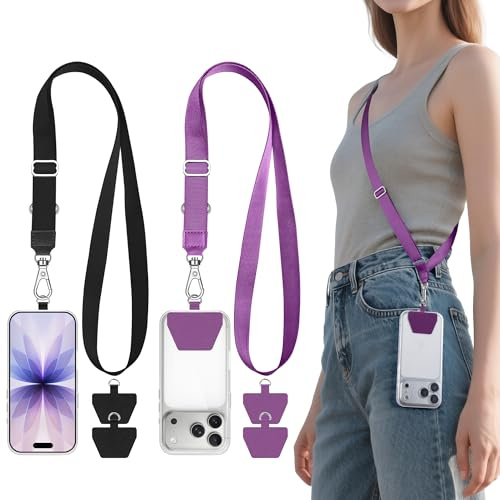 takyu Handy Band Zum Umhängen, 2 Stück Universal Handyband Schlüsselband Handy Umhängeband Einstellbares mit 4 aufklebenden Einlagen Kompatibel für iPhone, Samsung oder Alle Smartphone Schwarz & Lila